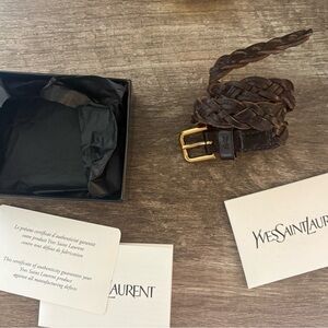 Yves Saint Laurent Dark Brown Double Wrap Braided Leather Bracelet